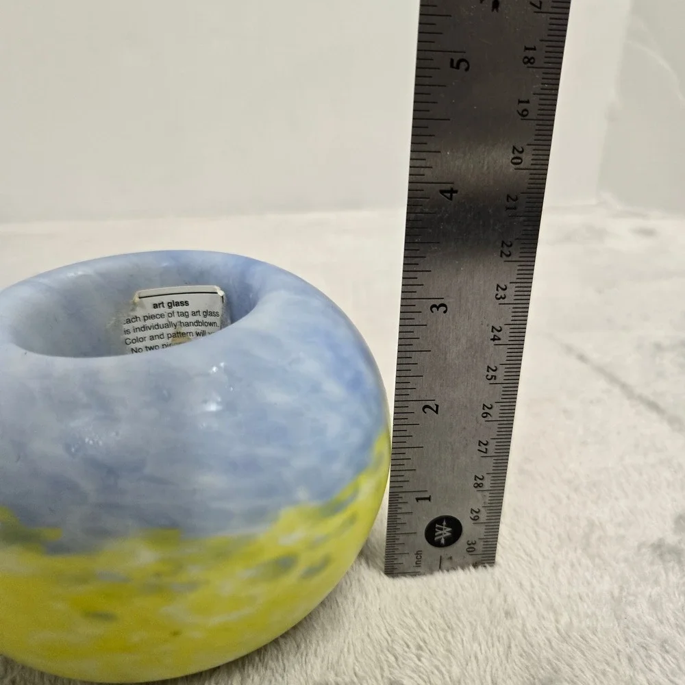 Tag Art Glass Handblown Votive Candle Holders Blue Yellow Speckled Set of 2